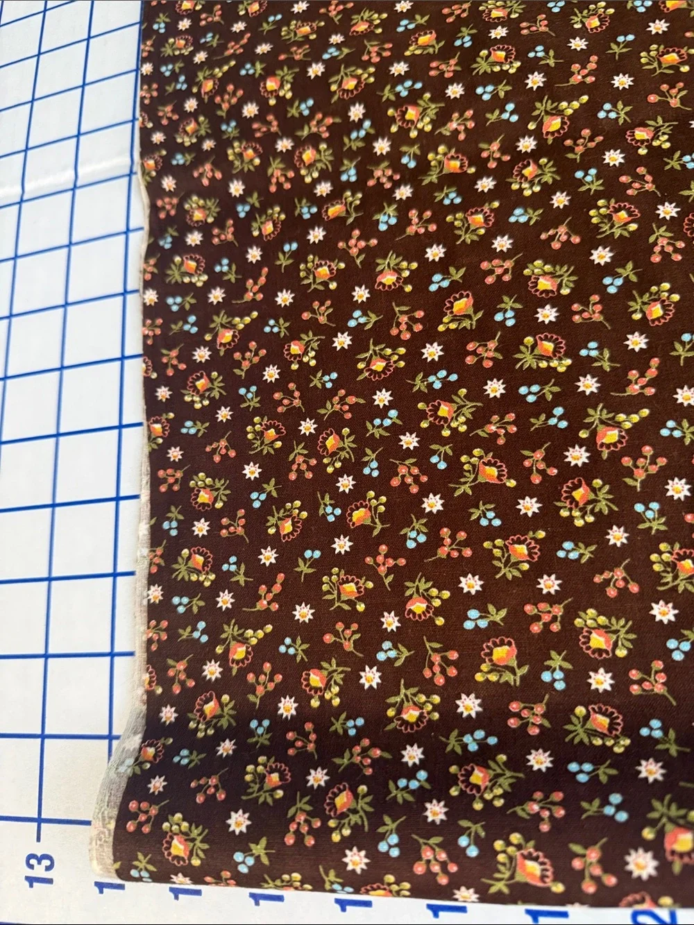 Vintage 1970s Brown Calico Floral Cotton Fabric 3 Yards x 42” Tiny Folk Print